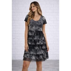 Tricotto Dress Womens L Y2K Black Tie Dye Tiered Ruffle Rosette Boho Artsy Knee